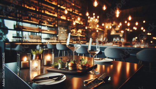 Elegant and select restaurant table Wine Glass and appetizers