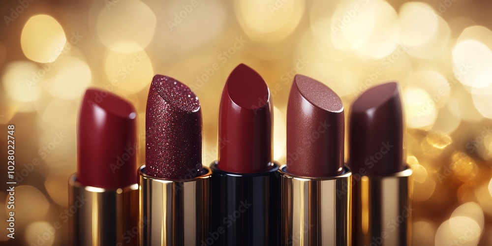 A glamorous collection of rich dark red lipsticks displayed against a blurred golden backdrop for an elegant evening look A glamorous collection of rich dark red lipsticks displayed against a blurred golden backdrop for an elegant evening look