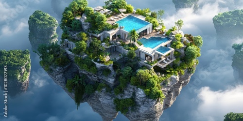 A Mesmerizing CliffHanging Floating Island Featuring a Luxurious Swimming Pool Surrounded by Lush Greenery photo