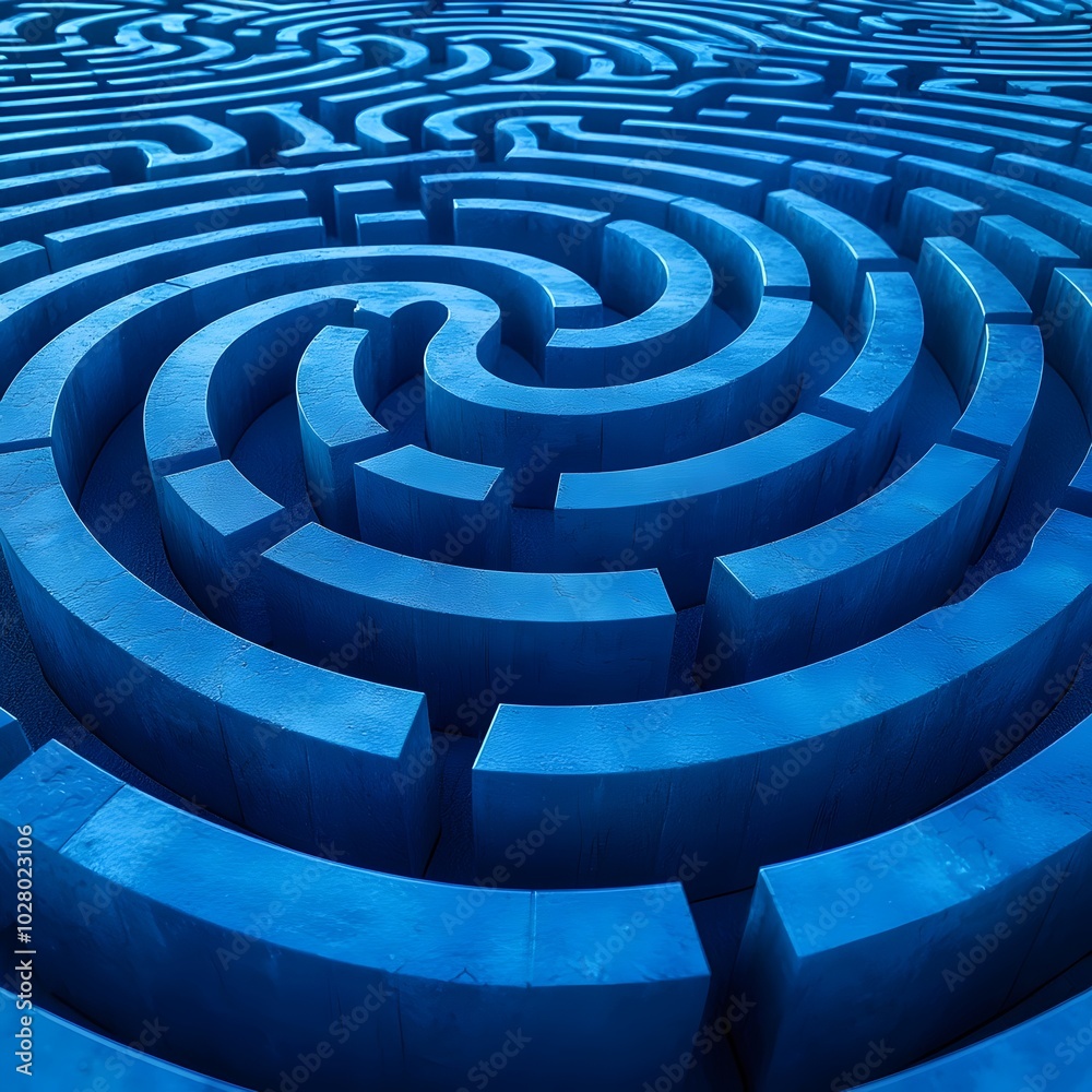 A blue circular maze with a complex design. The maze is abstract and invites the viewer to contemplate the path ahead. A blue circular maze with a complex design. The maze is abstract and invites the viewer to contemplate the path ahead.