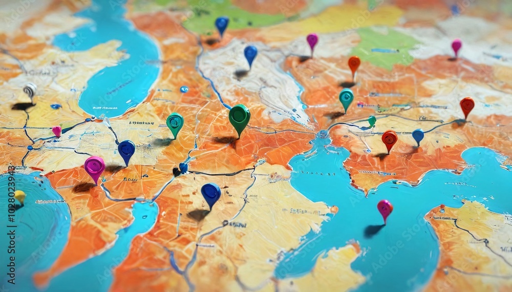 Fototapeta premium A vibrant scene of discovering locations with map pins, emphasizing the thrill of exploring new areas and the beauty of the digital mapping experience, Generative AI