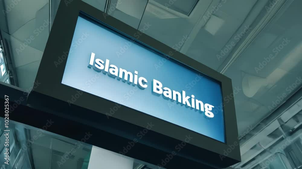 A sign for Islamic banking is displayed in a large room. The sign is blue and white and is placed on a black pole A sign for Islamic banking is displayed in a large room. The sign is blue and white and is placed on a black pole