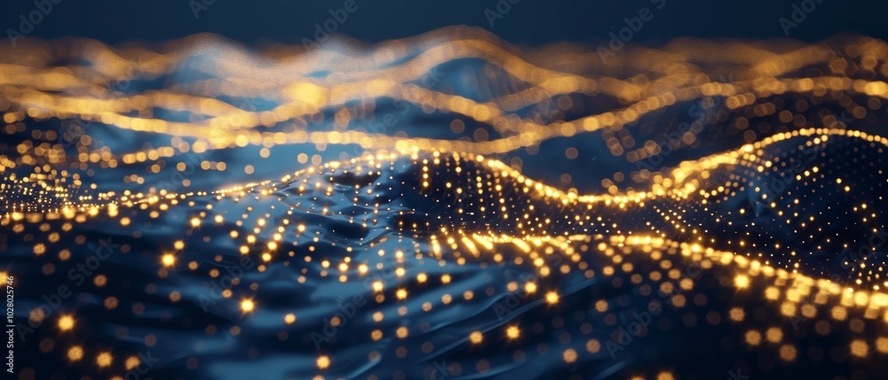 Abstract golden particles flowing and forming a digital wave are ideal for any background or wallpaper Abstract golden particles flowing and forming a digital wave are ideal for any background or wallpaper