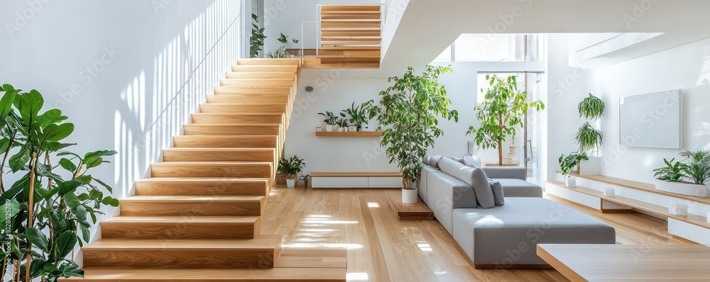 Expansive living room with wooden stairs, white walls, a minimalist grey sofa, and plants, showcased in a wide panoramic view