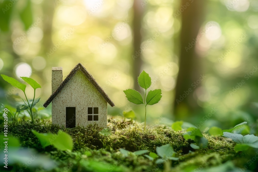 A small house surrounded by green leaves and moss reflects energy efficiency in a serene forest setting A small house surrounded by green leaves and moss reflects energy efficiency in a serene forest setting
