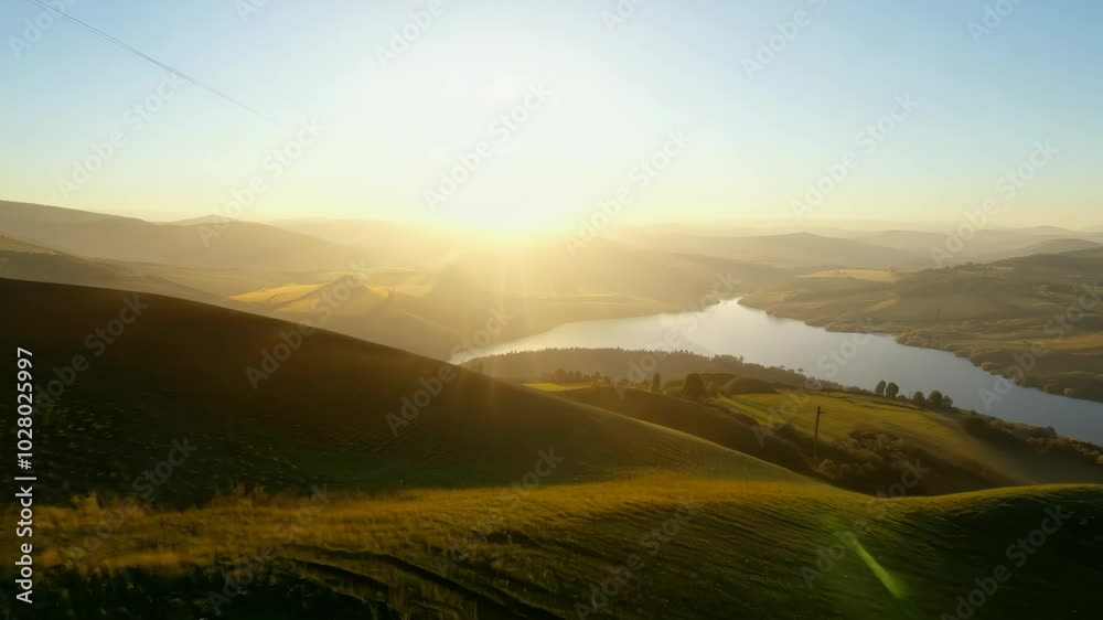 A beautiful landscape with a lake and mountains in the background. The sun is shining brightly, creating a warm and inviting atmosphere A beautiful landscape with a lake and mountains in the background. The sun is shining brightly, creating a warm and inviting atmosphere