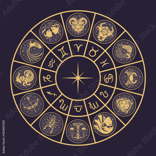 A circular representation of the Zodiac, showcasing prominent astrological signs. It captures celestial elements, embodying mysticism and the cosmic influence on predicting future events.
