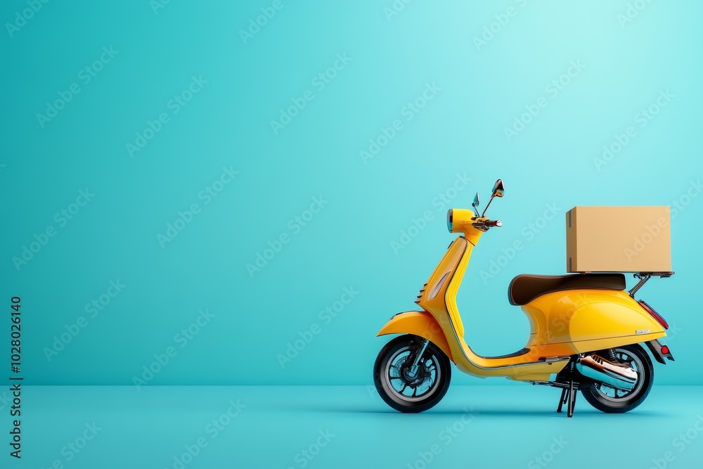 Vibrant yellow delivery scooter parked against a bright blue background showcasing modern urban logistics in a bustling city Vibrant yellow delivery scooter parked against a bright blue background showcasing modern urban logistics in a bustling city