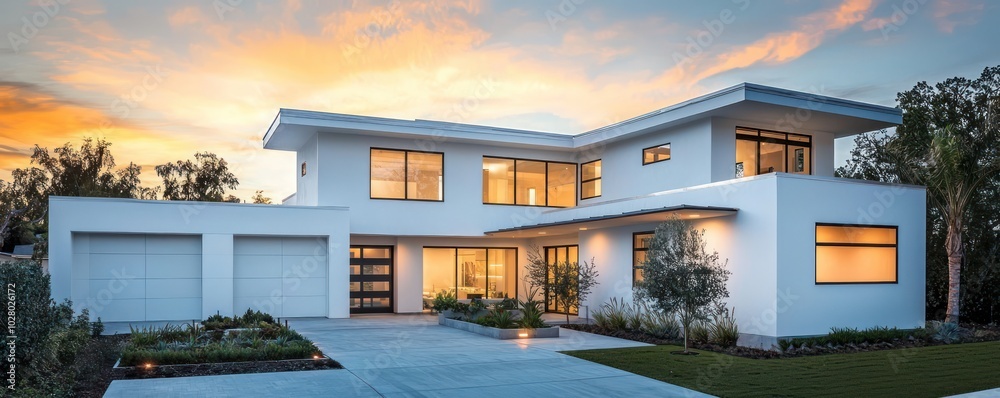 Expansive modern home with white walls, flat roof, large garage on the left, and a small garden, captured in sunset lighting Expansive modern home with white walls, flat roof, large garage on the left, and a small garden, captured in sunset lighting