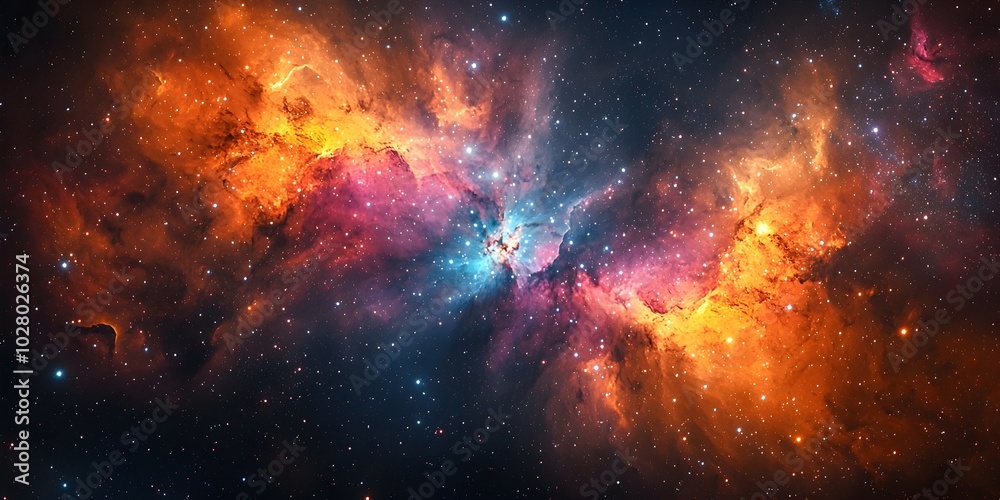 Fototapeta premium A cosmic tapestry of vibrant colors and twinkling stars, a nebula shines bright against the backdrop of the night sky.