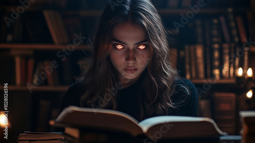 Mysterious woman with glowing eyes reading in enchanted library