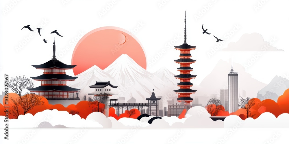 Obraz premium Risograph Print Travel Poster Illustration Evoking the Essence of Kyoto City