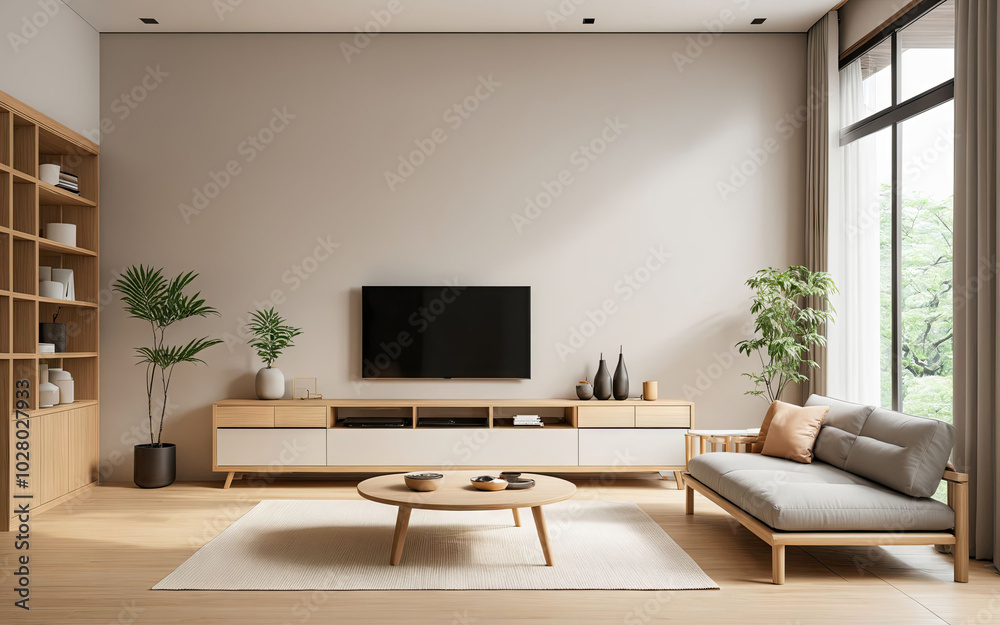 Fototapeta premium A living room with a large flat screen TV