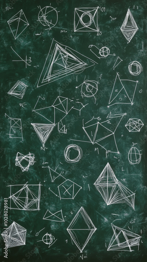 Geometric shapes and formulas on chalkboard - mathematical concepts and abstract art Geometric shapes and formulas on chalkboard - mathematical concepts and abstract art