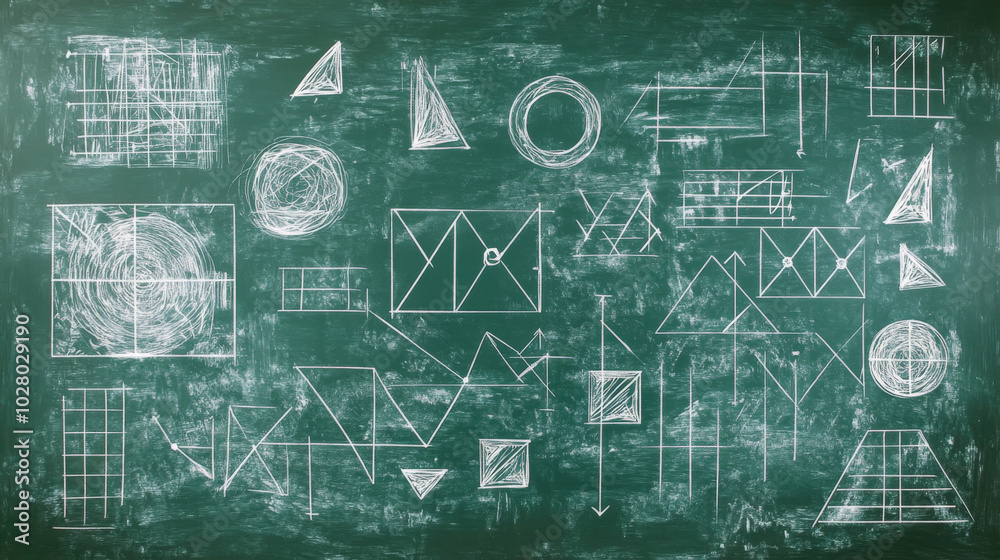 Geometric shapes and patterns drawn on green chalkboard background Geometric shapes and patterns drawn on green chalkboard background