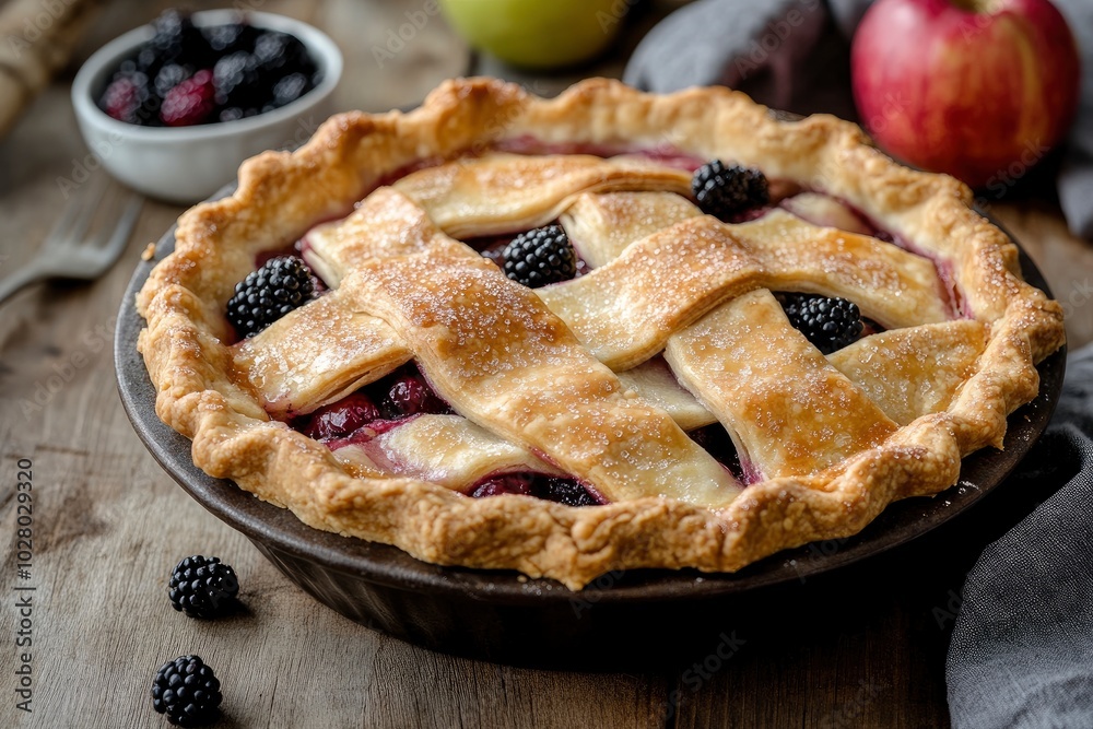 Apple pie with blackberry on wooden table - generative ai Apple pie with blackberry on wooden table - generative ai