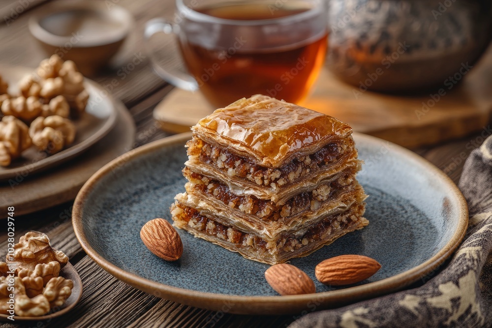 baklava with nuts, tea in Turkish - generative ai baklava with nuts, tea in Turkish - generative ai