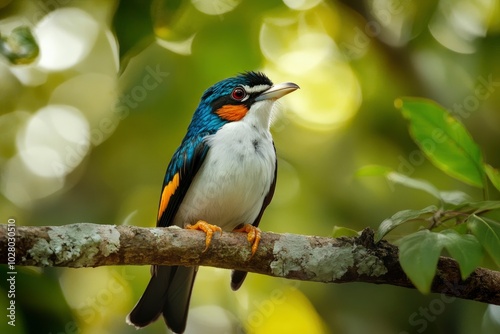 Beautiful Silver-breasted Broadbill (Serilphus lunatus) on the branch with fine feathers - generative ai photo