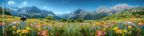 Cows graze on a lush meadow full of colorful Swiss wildflowers, with the Swiss mountains in the background. 