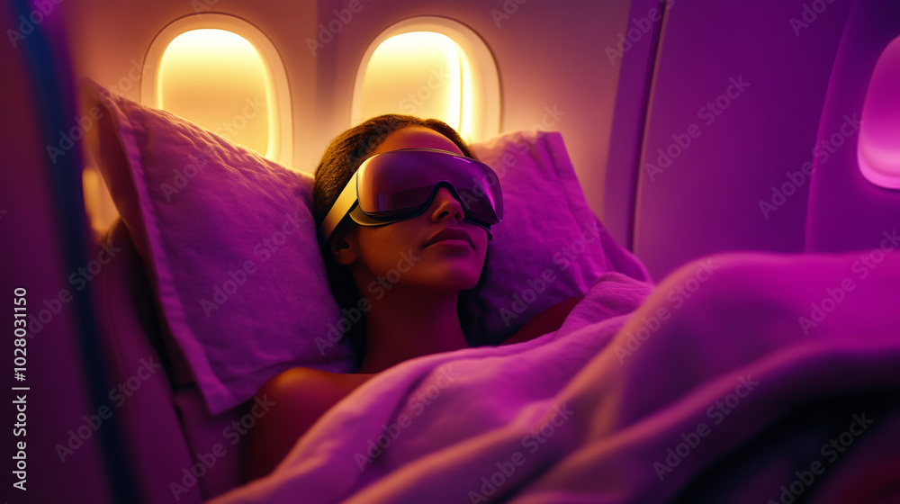 Woman relaxing with vr headset in airplane cabin with ambient purple lighting Woman relaxing with vr headset in airplane cabin with ambient purple lighting