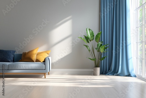 High-definition  image of a stylish living room with blue curtains, light grey walls, and modern decor including a plant in the corner