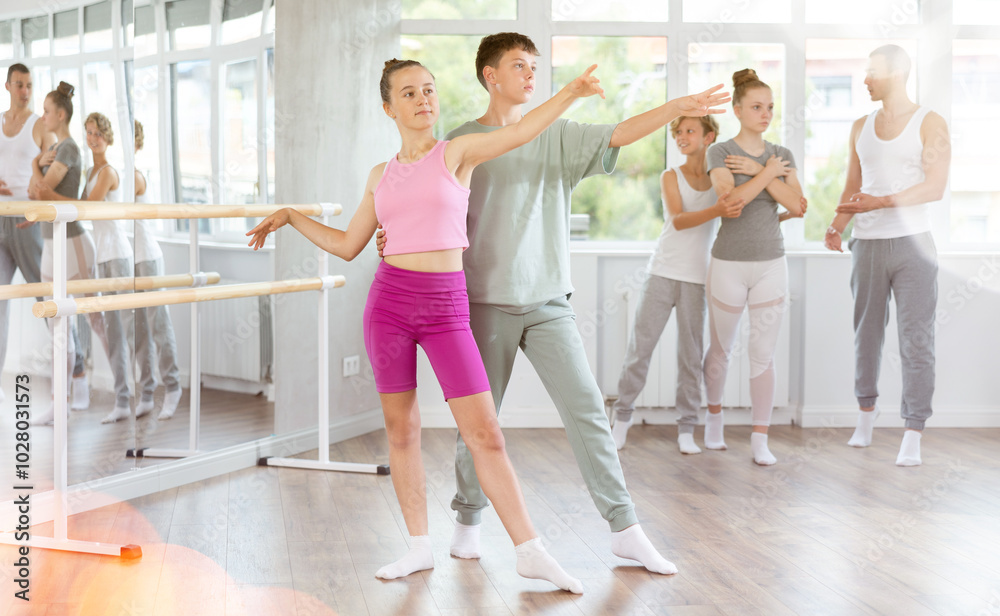 Fototapeta premium Ballet studio - teenagers learn ballet movements in pairs