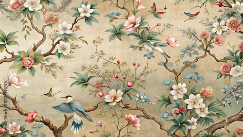  Seamless background: chinoiserie style birds and flowers with colorful abstract swirls