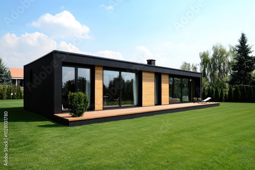 High-definition view of a modern home with black exterior, wooden accents, and large windows overlooking a spacious green lawn