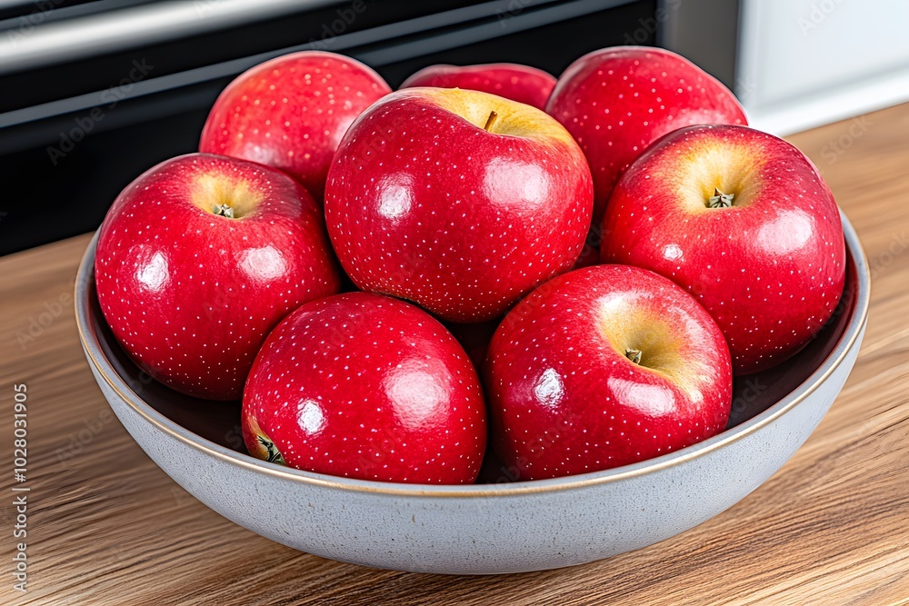 A bowl of shiny red apples arranged neatly on a wooden surface.