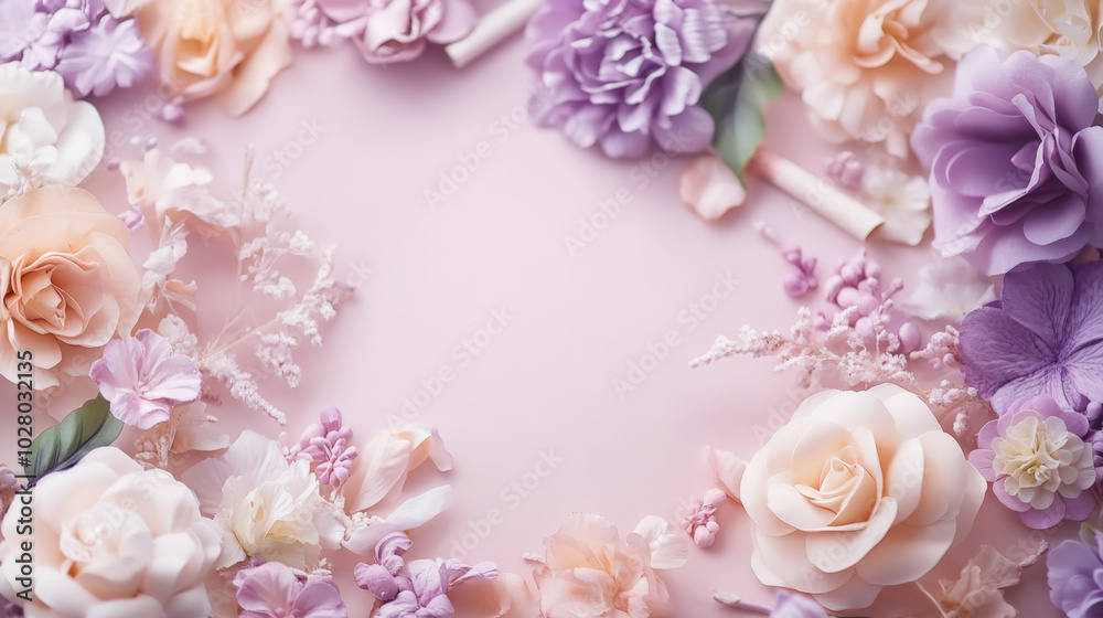 Fototapeta premium Elegant pastel floral arrangement on soft pink background