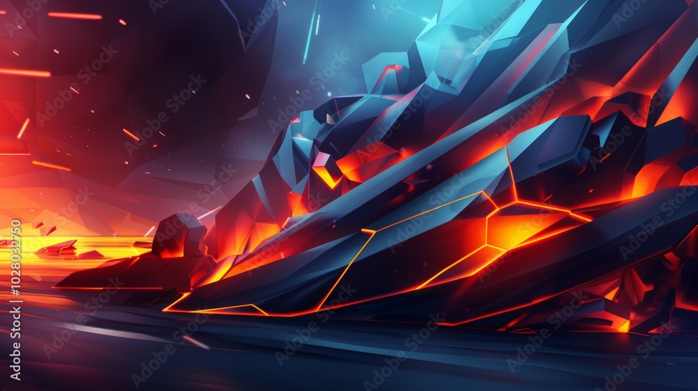 Obraz premium Abstract background featuring glowing crystals emerging from lava lake