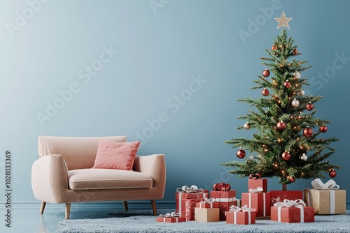 High-resolution  image of a modern living room decorated for Christmas with a minimalist tree, cozy armchair, and presents, on a blue background photo