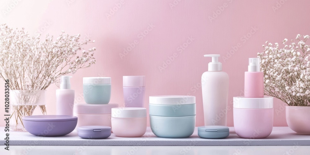 A collection of Korean skincare products displayed on a shelf with dried flowers in soft pastel colors A collection of Korean skincare products displayed on a shelf with dried flowers in soft pastel colors
