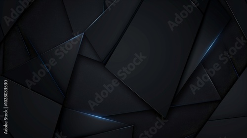 Abstract background with overlapping black paper sheets forming triangles and illuminated by blue lights