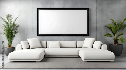 A modern minimalist living room with sleek furniture, neutral tones, and a large frame above a low-profile sofa, offering a clean aesthetic.