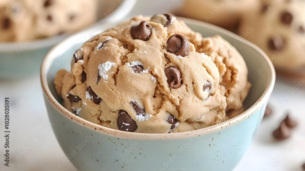 A bowl of chocolate chip cookie dough ready for baking or enjoying. A bowl of chocolate chip cookie dough ready for baking or enjoying.