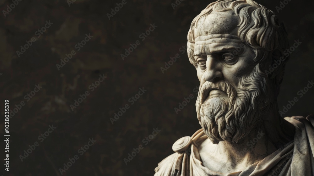 A close-up of a marble bust of the ancient Greek philosopher Socrates, against a dark background, ready for your inspiring quote. A close-up of a marble bust of the ancient Greek philosopher Socrates, against a dark background, ready for your inspiring quote.
