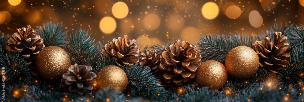 Christmas background with golden baubles, fir cones and lights bokeh background. Space for text. Copy space. Greeting card. Christmas background with golden baubles, fir cones and lights bokeh background. Space for text. Copy space. Greeting card.