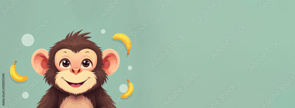 Fototapeta premium Portrait fluffy monkey, smiling monkey looking at camera, cartoon drawn circles with banana inside circles flying around monkey head, multicolour pastel solid background