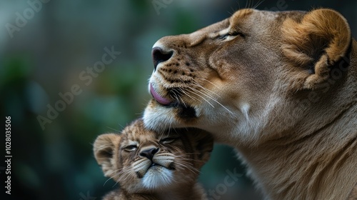 A close-up of a lioness licking her cubs in a tender moment of affection.