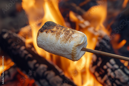 Closeup on stick with a marshmallow roasting over an outdoor fire pit  photo