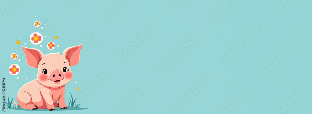 Pig sitting, smiling pig looking at camera, cartoon drawn circles with flowers inside circles flying around pig head, blue pastel solid background Pig sitting, smiling pig looking at camera, cartoon drawn circles with flowers inside circles flying around pig head, blue pastel solid background