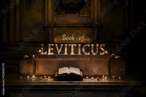 A Bible sits on a stone altar in a shadowy temple, with Book of Leviticus glowing in silver letters above 