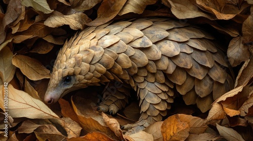 A close-up of a pangolin walking through dry leaves, its armored scales reflecting light. photo