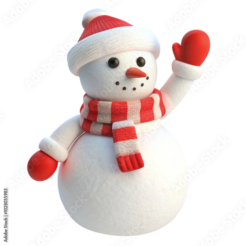 Smiling Snowman Waving in Red Mittens