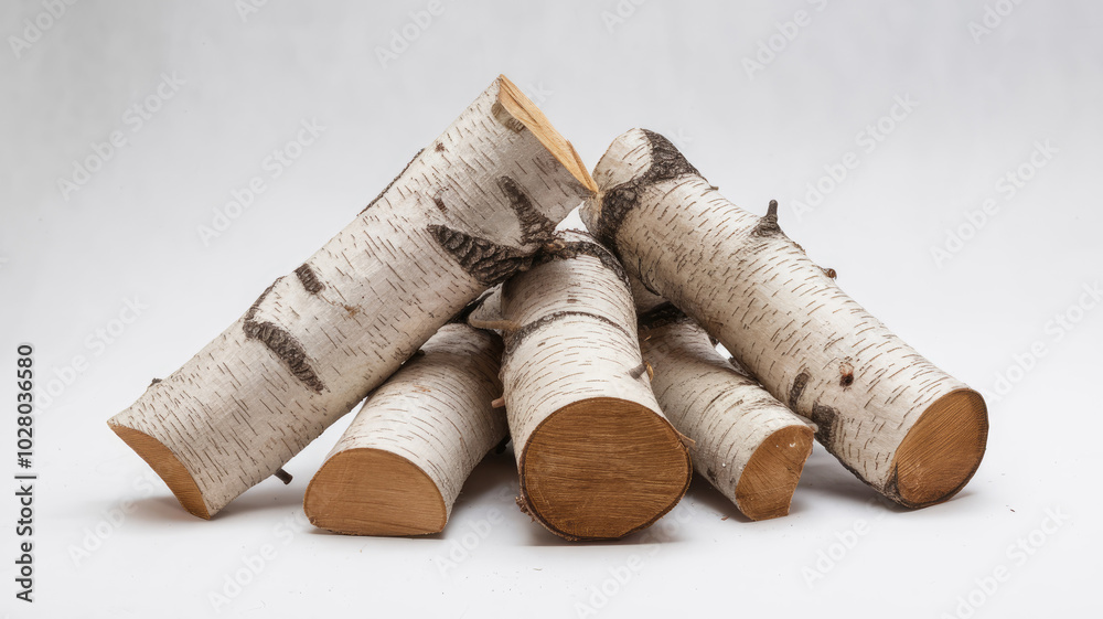 A pile of birch wood logs are stacked on top of each other. The logs are of varying sizes and are arranged in a way that they look like they are leaning on each other. The scene gives off a rustic A pile of birch wood logs are stacked on top of each other. The logs are of varying sizes and are arranged in a way that they look like they are leaning on each other. The scene gives off a rustic