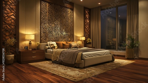 Luxurious bedroom design with wooden flooring, a bed against decorative panels, nightstands with table lamps, and a window view