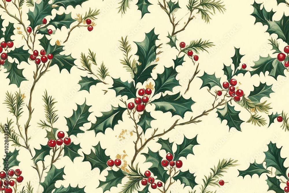 A festive, seamless pattern featuring sprigs of holly with lush green leaves and vibrant red berries on a soft cream background. A festive, seamless pattern featuring sprigs of holly with lush green leaves and vibrant red berries on a soft cream background.