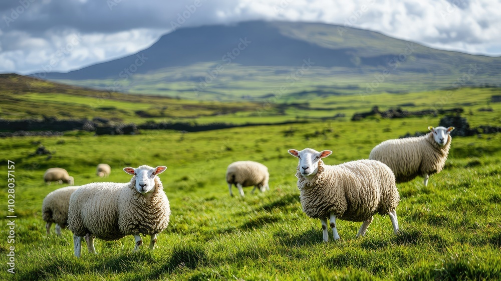 Fototapeta premium Sheep Grazing in Lush Green Pasture under Blue Sky