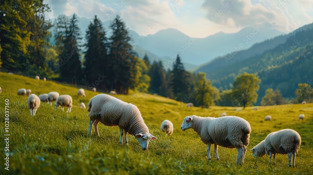 Fototapeta premium Sheep Grazing in Lush Green Landscape